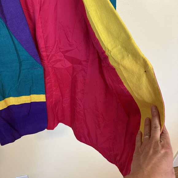 Ali Miles Womens Colorblock Floral Blazer Jacket Medium Linen Blend 1990s Pink - Picture 10 of 11